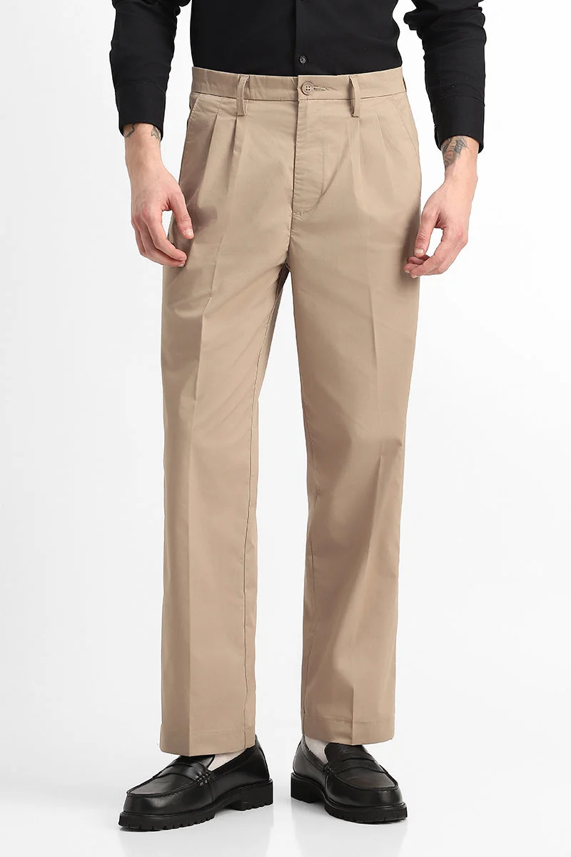 Snitch Beige Stretch Relaxed Fit Trousers for Men | Best Price UAE